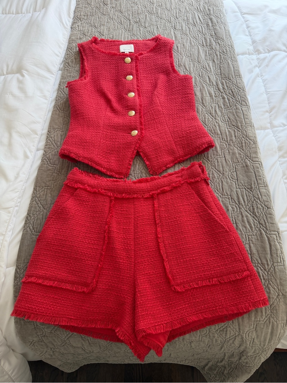 cinq a sept Red Tweed High-Waist Shorts